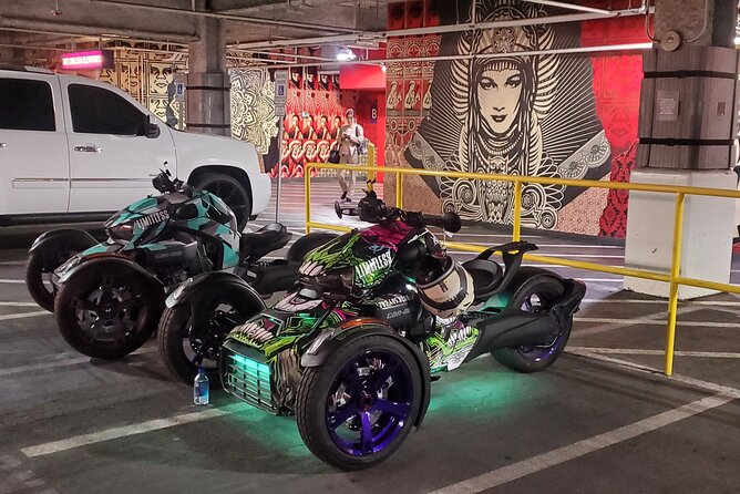 Self-Guided Las Vegas Trike tour on a CanAm Trike - Downtown icons: Welcome sign, Container Park, and Fremont